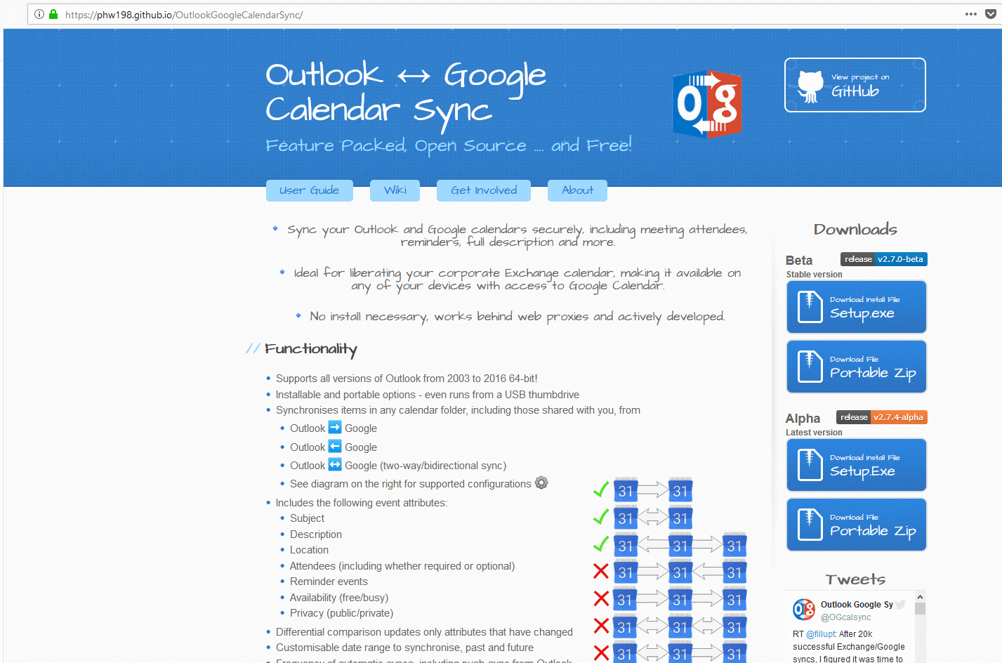 Página web de la herramienta de sincronización Outlook Google Calendar Sync