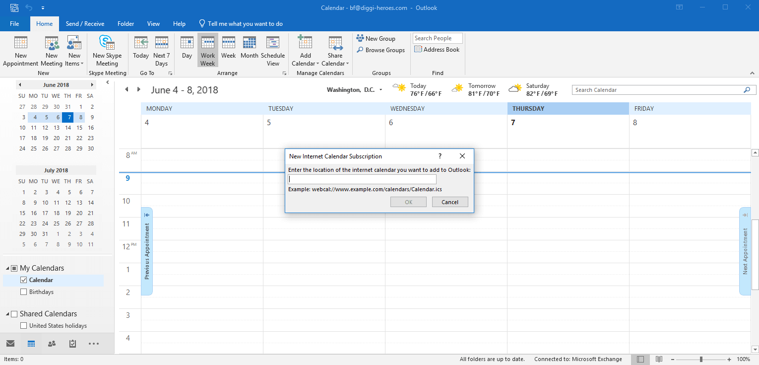 Cliente de escritorio de Outlook: añadir una nueva suscripción al calendario de Internet