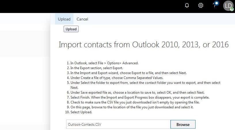 Outlook en la web: subir el archivo CSV Outlook en la web: subir el archivo CSV