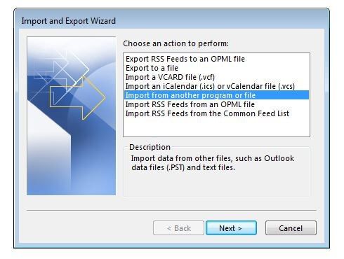 Menú de inicio del asistente para importar/exportar en Outlook 2016 Menú de inicio del asistente para importar/exportar en Outlook 2016