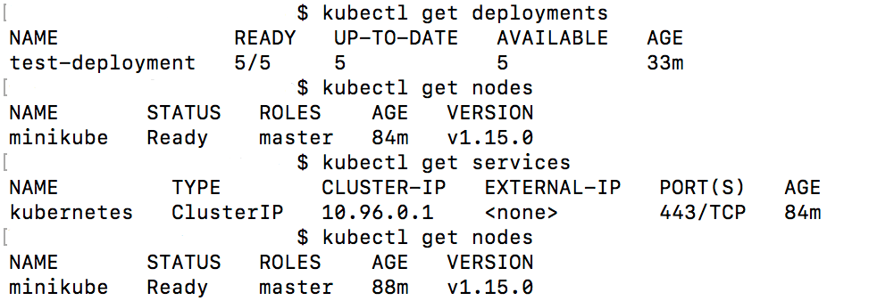 Terminal con diferentes comandos y salidas (outputs) de Kubernetes