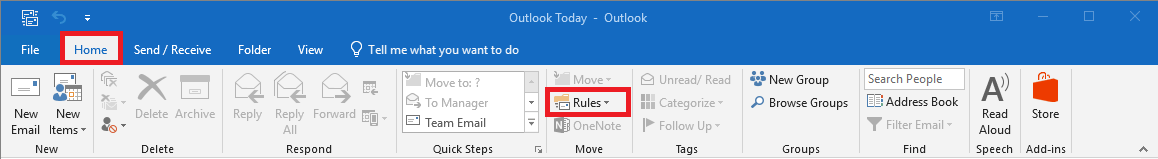 La barra de menús de Microsoft Outlook 2016 en Windows