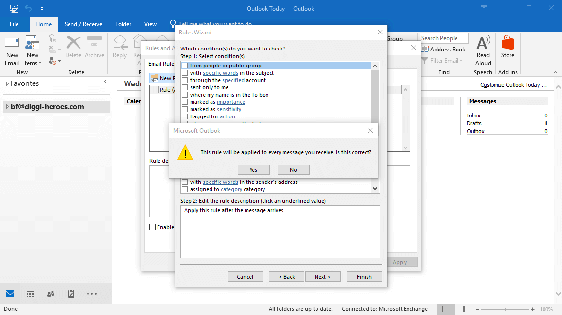 Microsoft Outlook 2016: asistente de reglas - términos de las reglas de la bandeja de entrada
