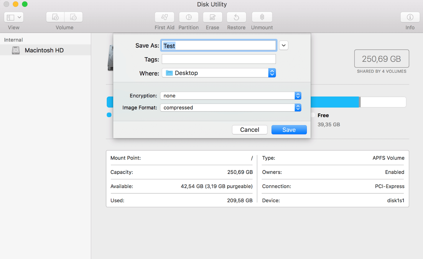 Utilidad de Discos macOS: nombre y ubicación del archivo