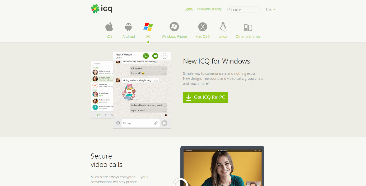 Captura de pantalla de la página de inicio de ICQ