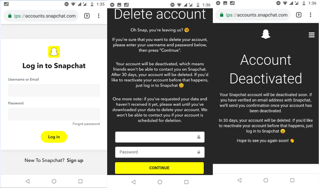 Borrar una cuenta en Snapchat por URL