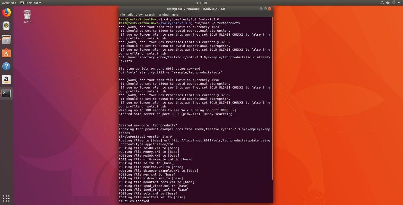 Línea de comandos en Ubuntu 17. “bin/solr –e techproducts” inicia una versión de prueba con datos y ajustes por defecto.