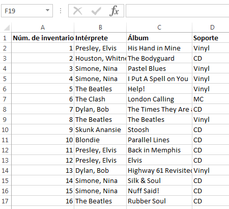 Una base de datos de varias columnas con el ejemplo de una colección de música.