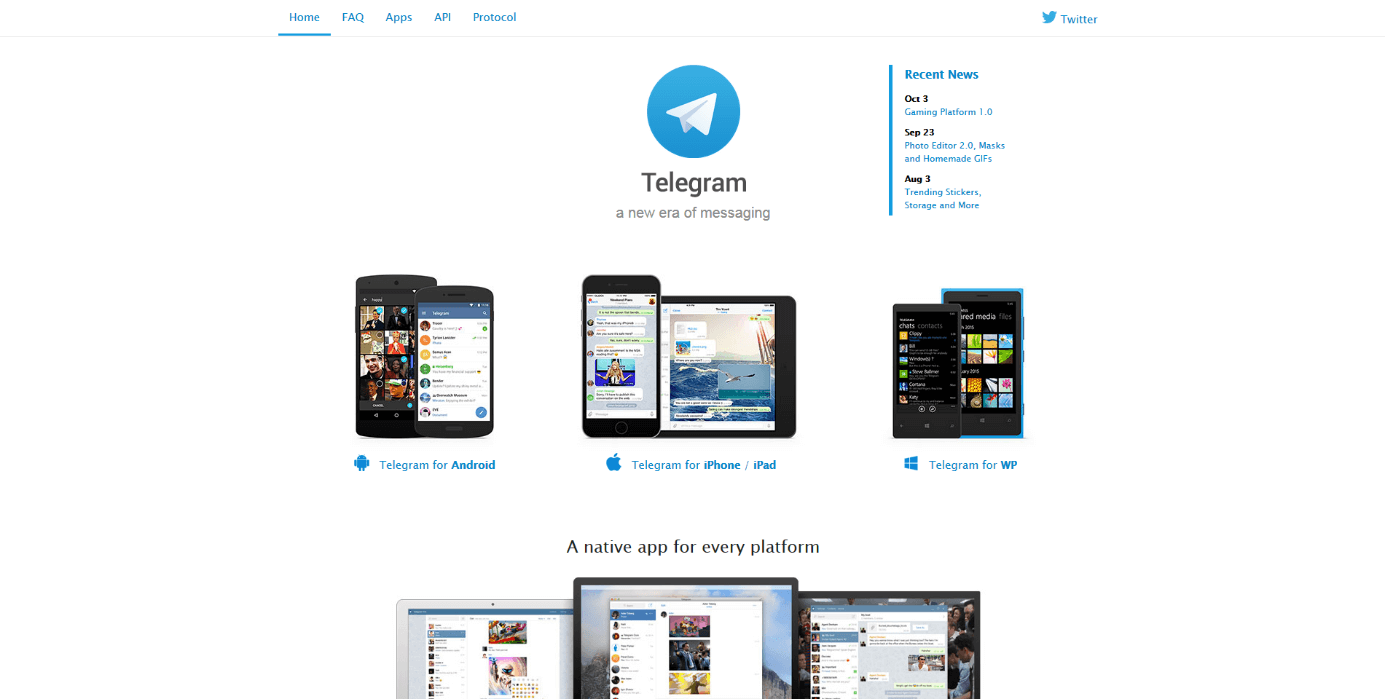 Captura de pantalla de la página web de Telegram