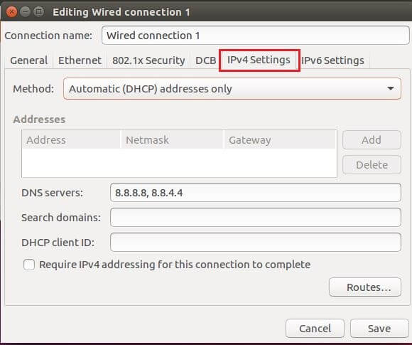 Ubuntu menú IPv4