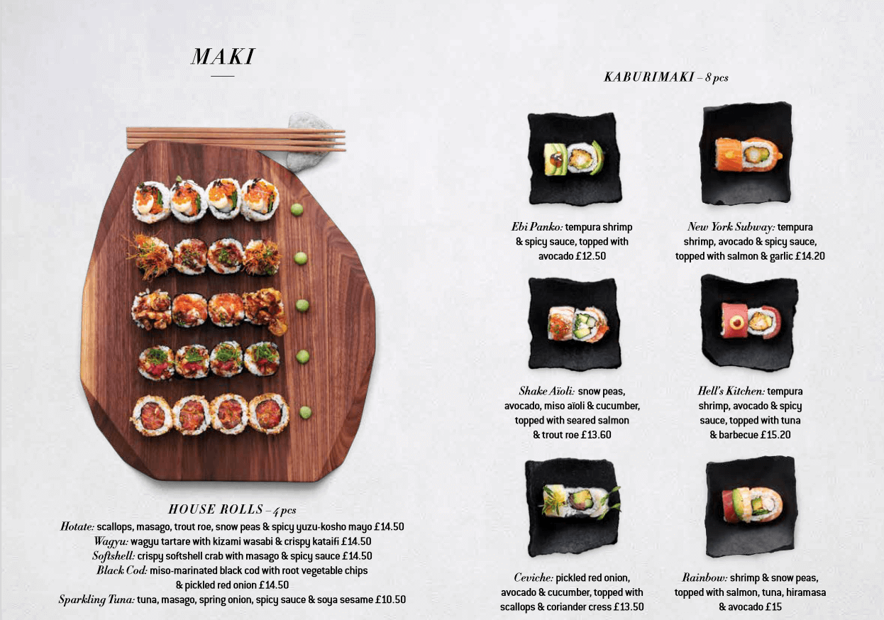 Carta de restaurante con las fotos de diferentes tipos de sushi]