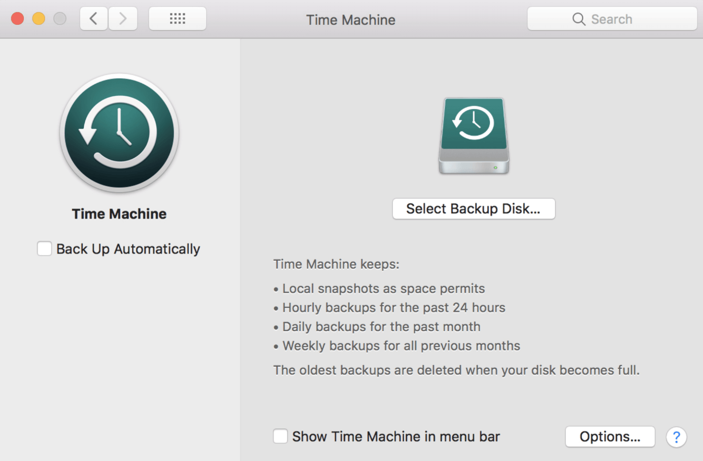 Time Machine: botón “Seleccionar disco de copia de seguridad”