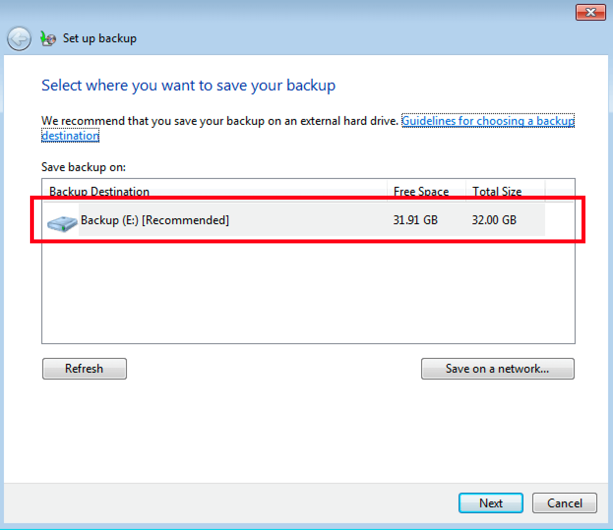Selección del medio de almacenamiento en Windows 7 de una copia de seguridad