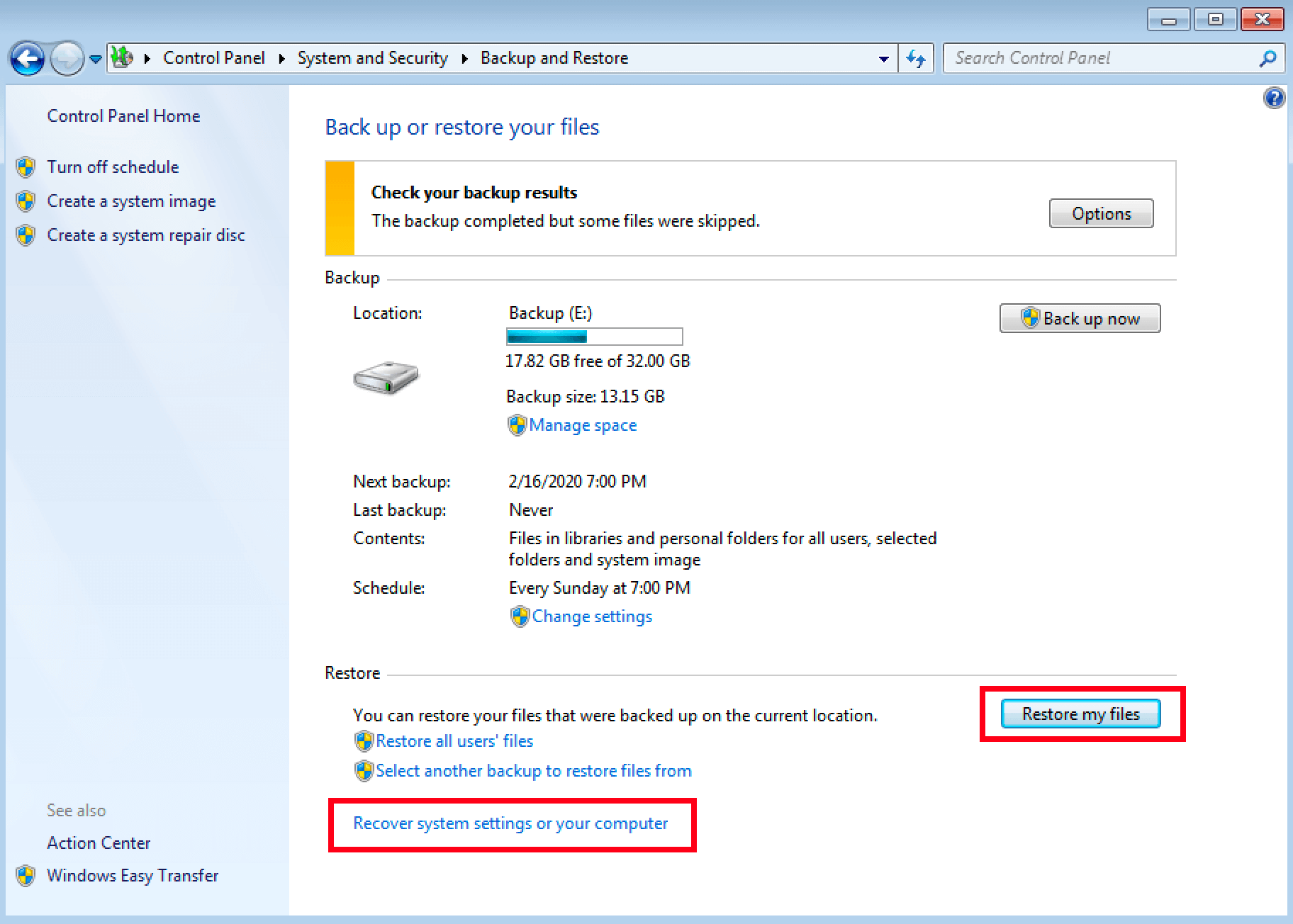 Opciones de restauración en Windows 7