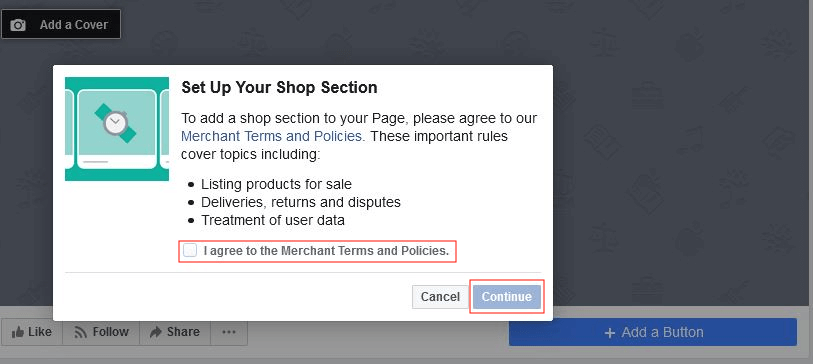 Configuración de la tienda de Facebook: términos de uso