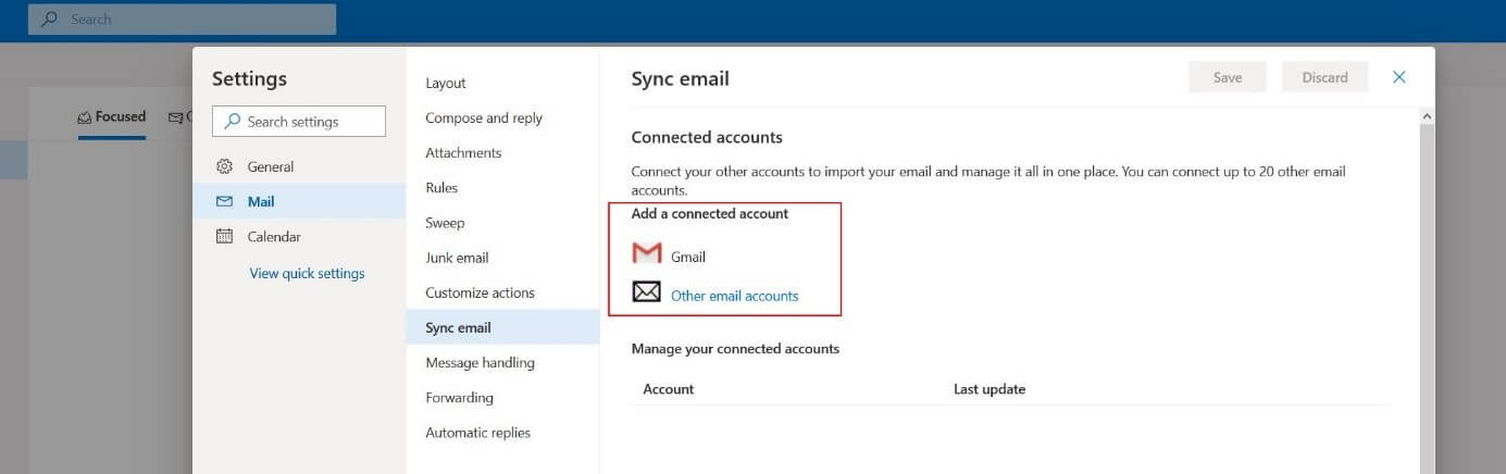 Web de Outlook: menú “Sincronizar correo electrónico”