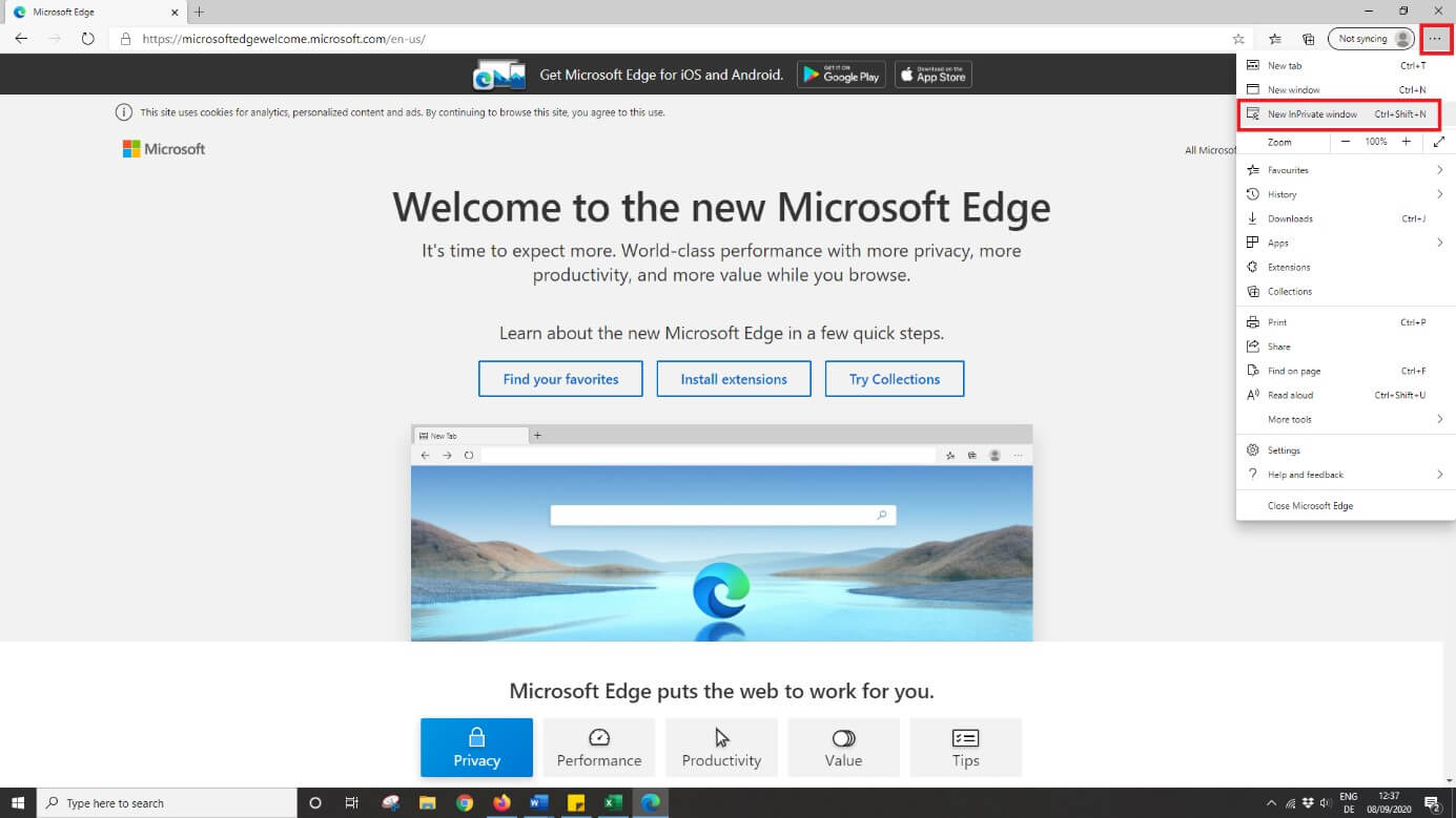 Nueva ventana InPrivate en Microsoft Edge