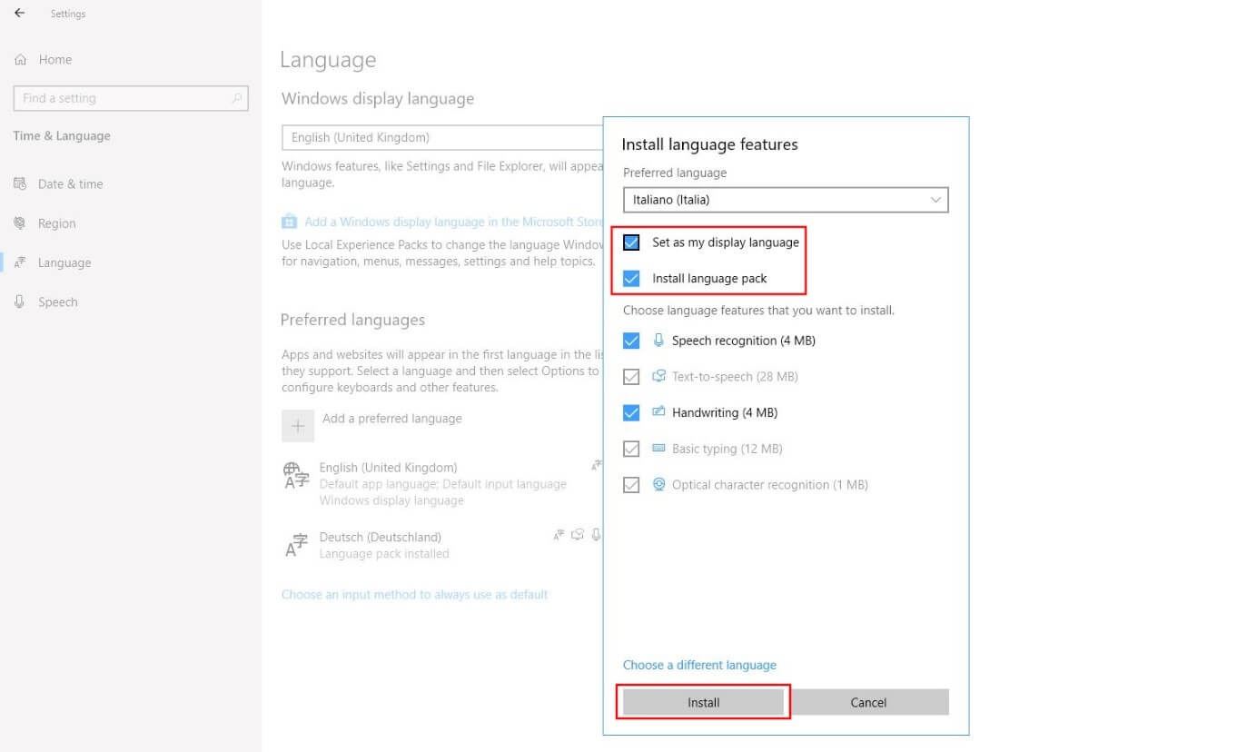 Instalar características de idioma en Windows 10