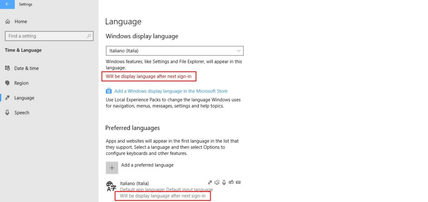 Menú “Idioma” en Windows 10: mensaje acerca de la necesidad de reiniciar sesión