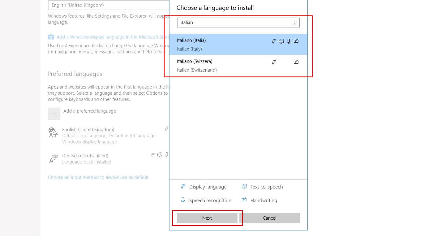 Cuadro de diálogo de Windows 10: seleccionar un idioma para instalar