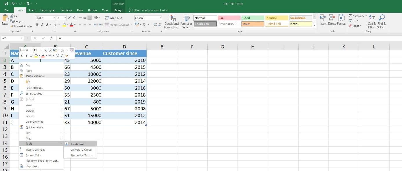 Excel 2016: agregar la fila de total a las tablas Excel