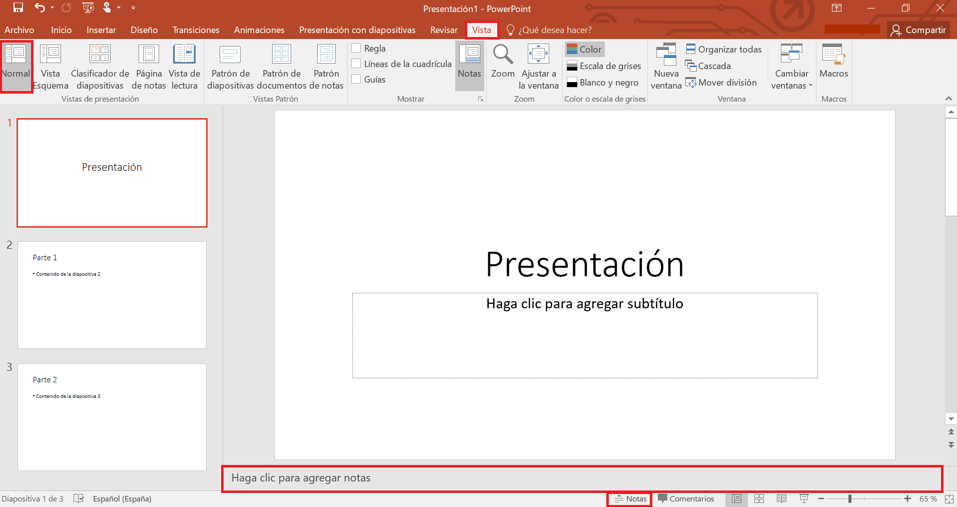 Notas del orador en PowerPoint: campo para introducir las notas.