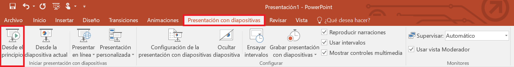 PowerPoint: iniciar presentación de diapositivas.