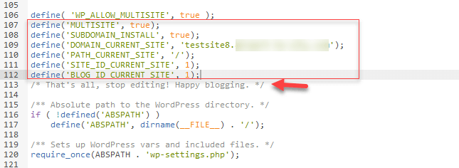 Archivo wp-config.php con el código añadido del backend de WordPress