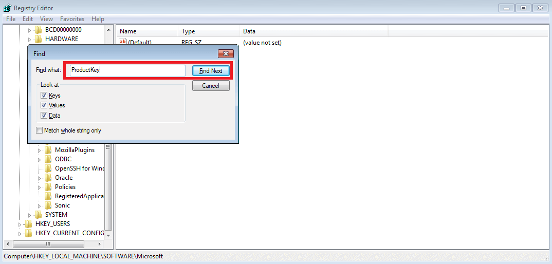 Registro de Windows con la función de búsqueda abierta