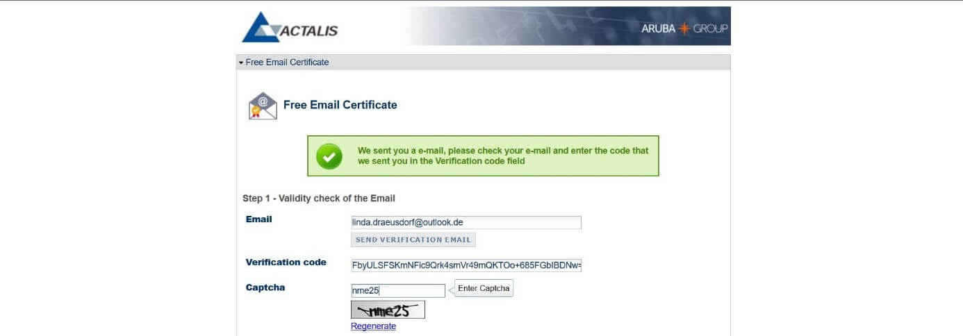 Formulario Actalis “Free Secure Email Certificatesˮ