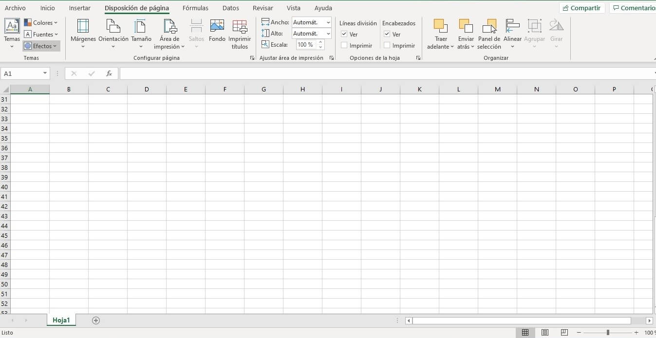 Área de impresión de Excel en una hoja de cálculo vacía