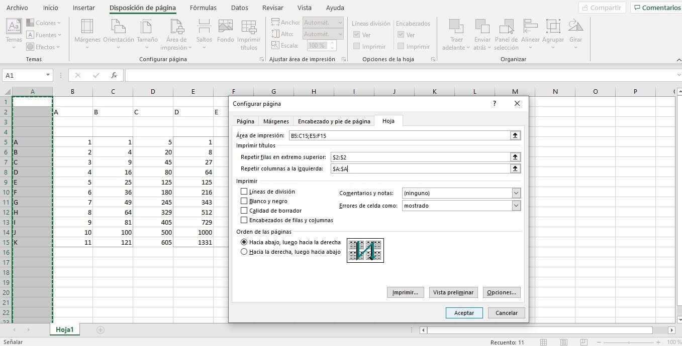 Ajustar la repetición de filas y columnas como títulos al imprimir una hoja de Excel.