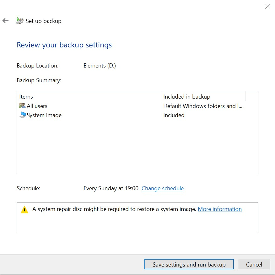 Configuración de la copia de seguridad de Windows 10