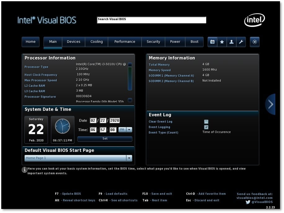 Intel Visual BIOS: pantalla principal