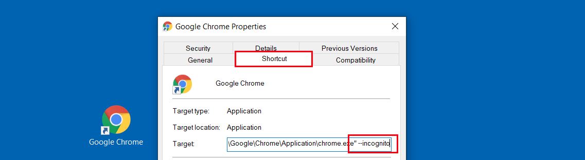Ventana de propiedades del acceso directo de Chrome