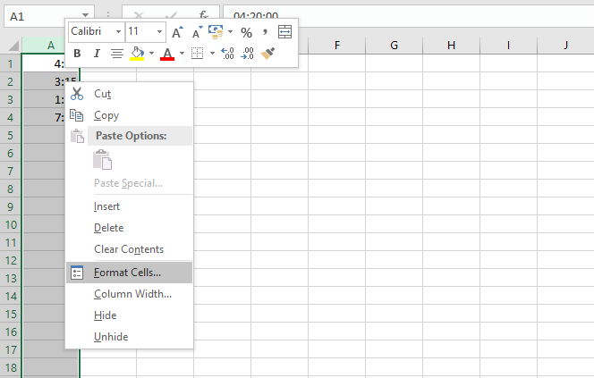 Menú contextual en Excel