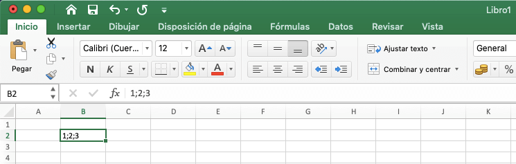 Excel 2016: celda de ejemplo con separadores (punto y coma) Excel 2016: celda de ejemplo con separadores (punto y coma)