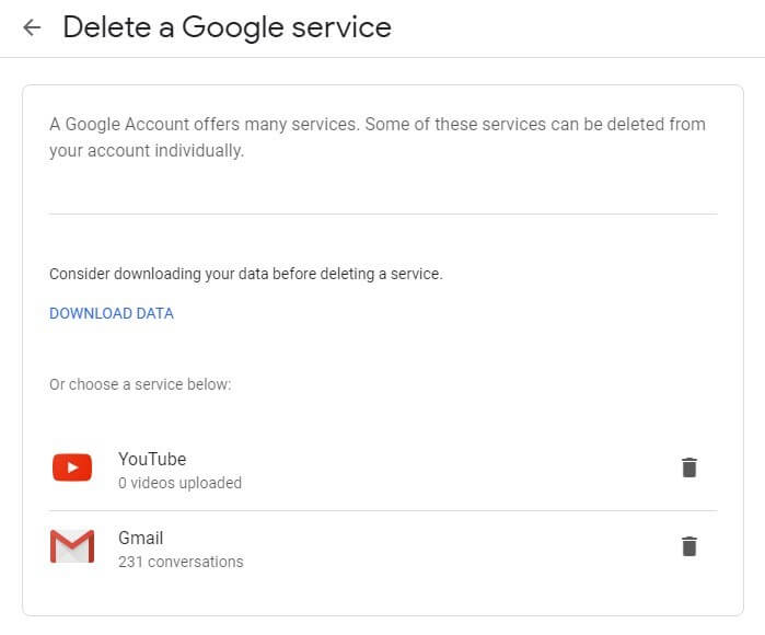 Ventana para descargar tus datos antes de eliminar la cuenta de Gmail