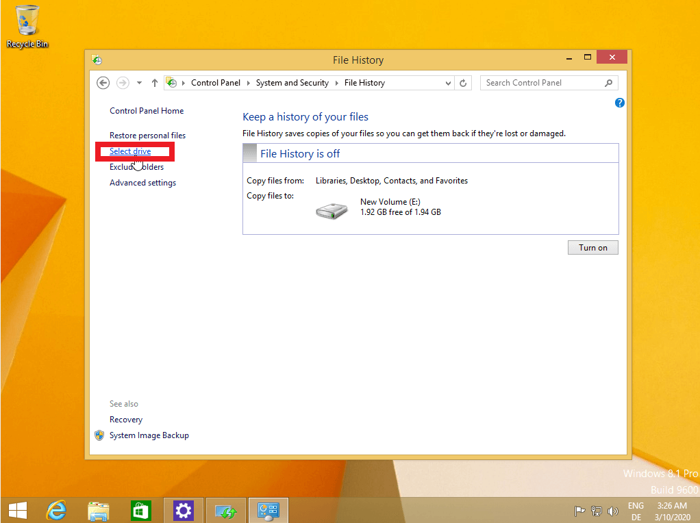 Selección de la unidad de disco para la copia de seguridad de Windows 8