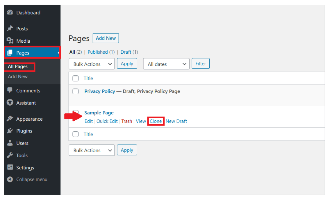 Backend de WordPress: pestaña de “Todas las páginas” en “Páginas”, con la posibilidad de duplicar una página seleccionada 