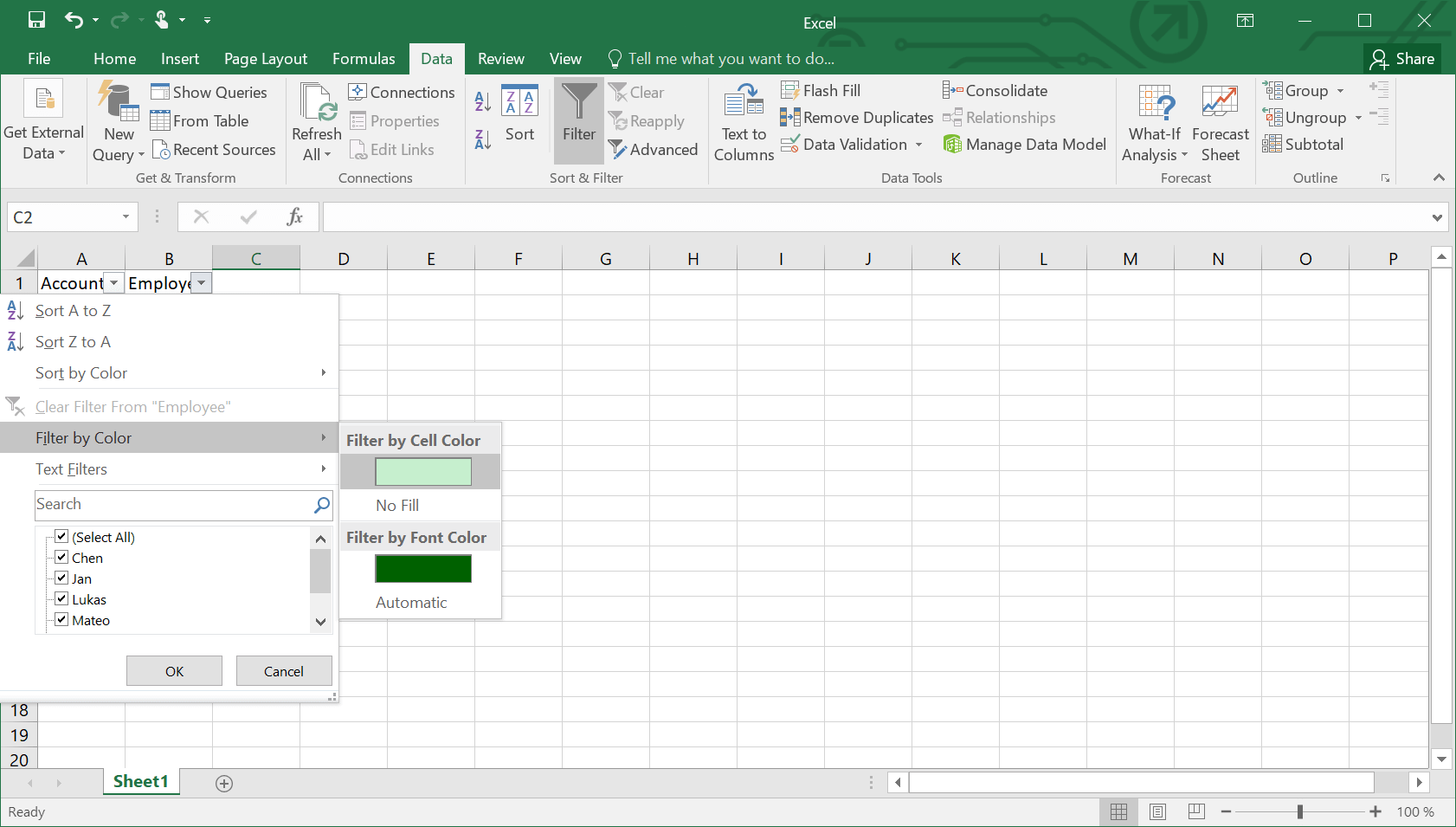Ejemplo de filtrado por colores para que Excel muestre solo los duplicados