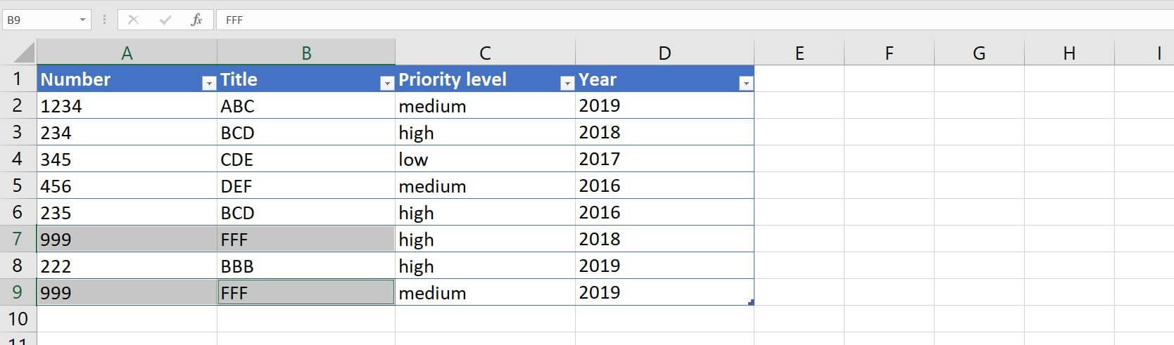 Excel 2016: entrada de ejemplo con duplicados