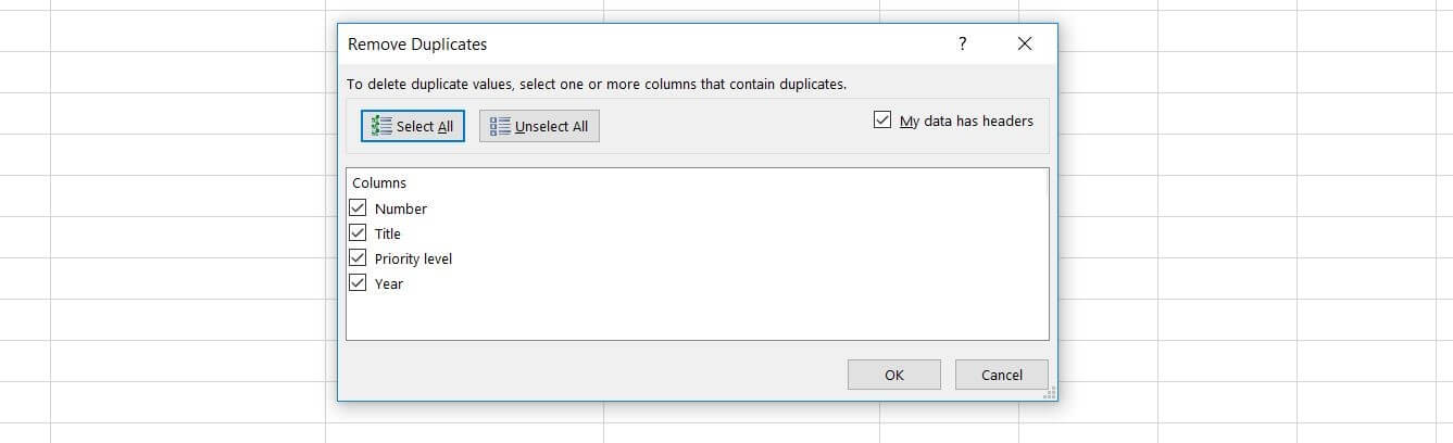 Dialog box to remove duplicates in Excel