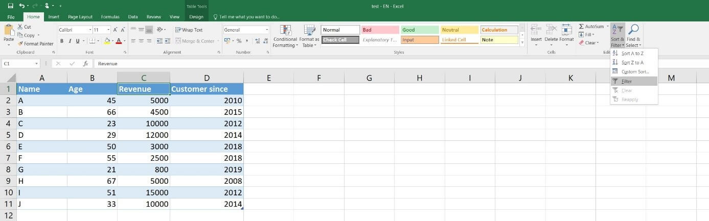 Tabla Excel sin función de filtrado/ordenación