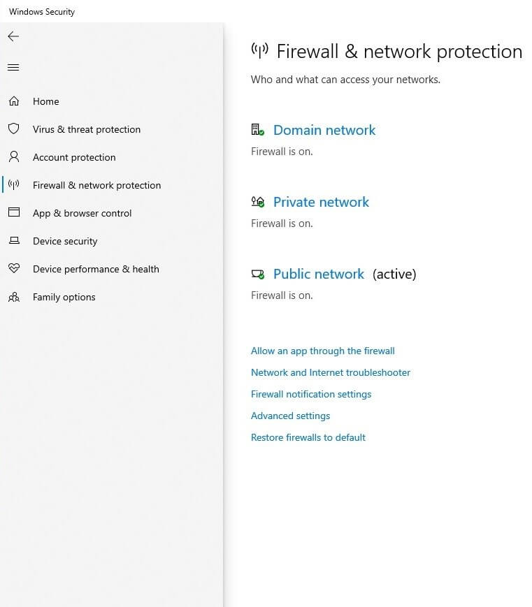 Propiedades del firewall y protección de red en Windows