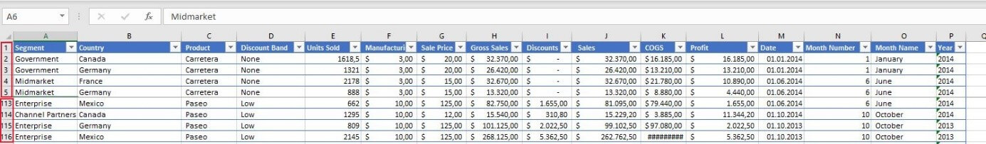 Rango de filas inmovilizadas en Excel 2016