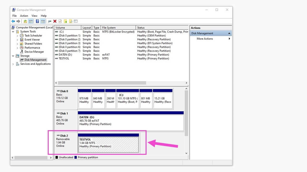 Administración del equipo Windows con administración de discos habilitada