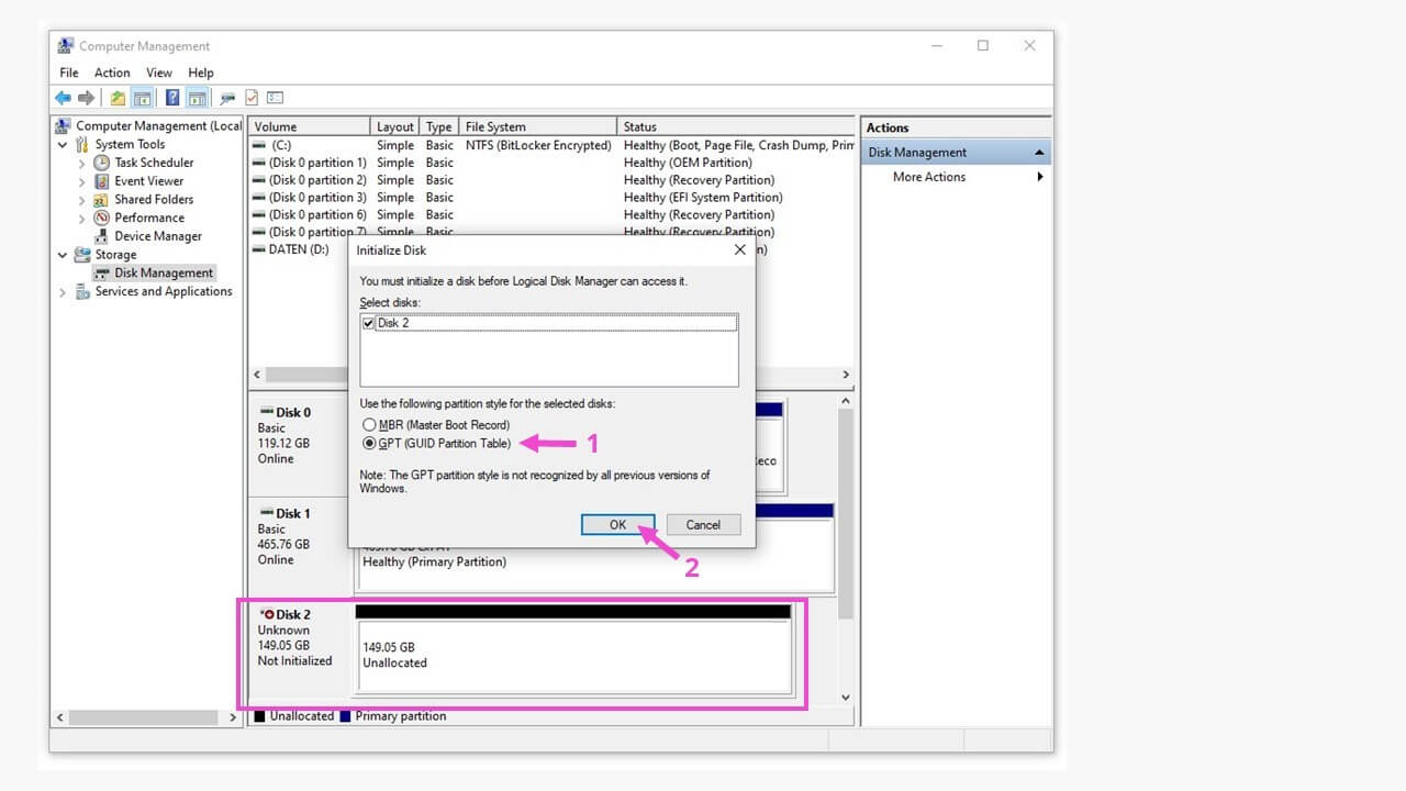 Administración de discos de Windows con la opción de inicializar el disco 