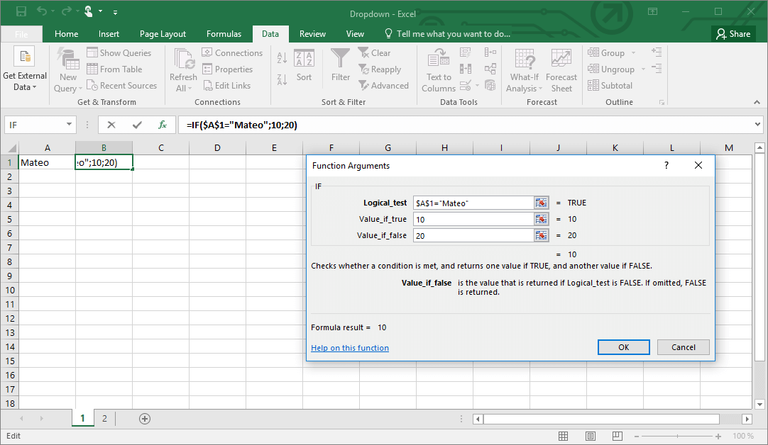 Función SI en Excel con lista desplegable