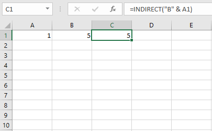 Representación en Excel de la función INDIRECTO con texto en la referencia de celda